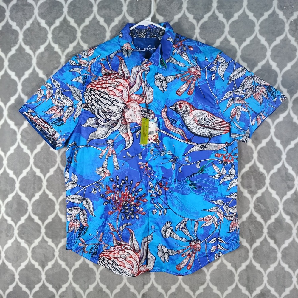 Robert Graham Shirt Mens 2XL Blue Birdseye Embroidered Short Sleeve Classic Fit